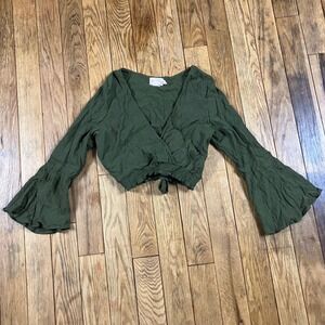 Showpo Olive Green Bell Sleeve Wrap Cropped Top Boho Festival‎ Size 8